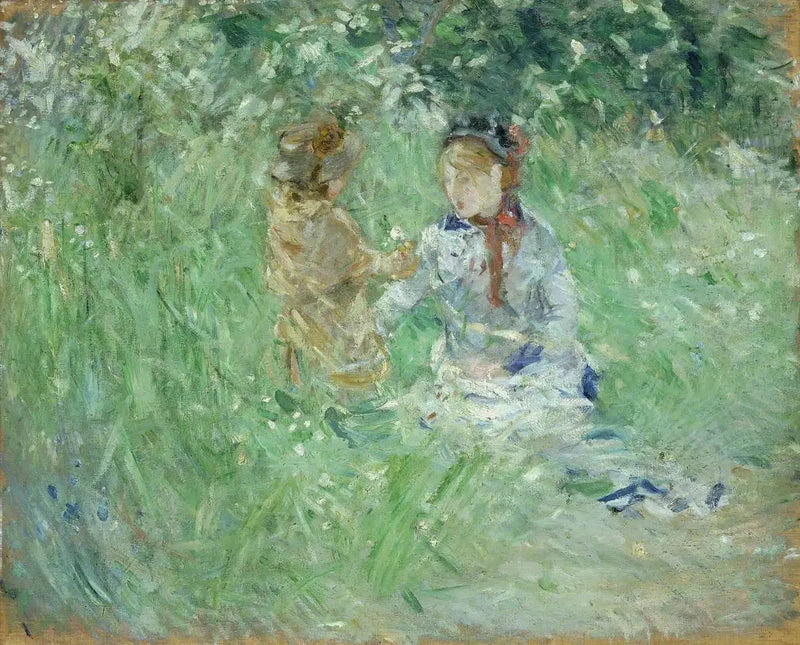 Nainen ja lapsi niityllä Bougivalissa - Berthe Morisot