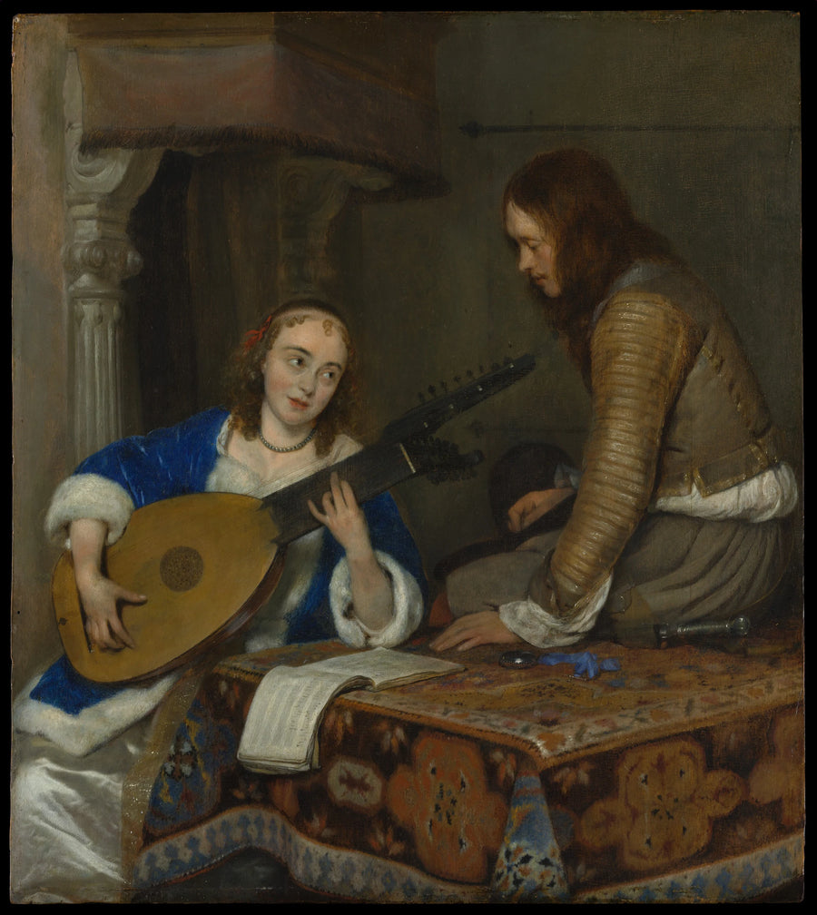 Une femme jouant du théorbe-luth et un cavalier - Gerard ter Borch the Younger