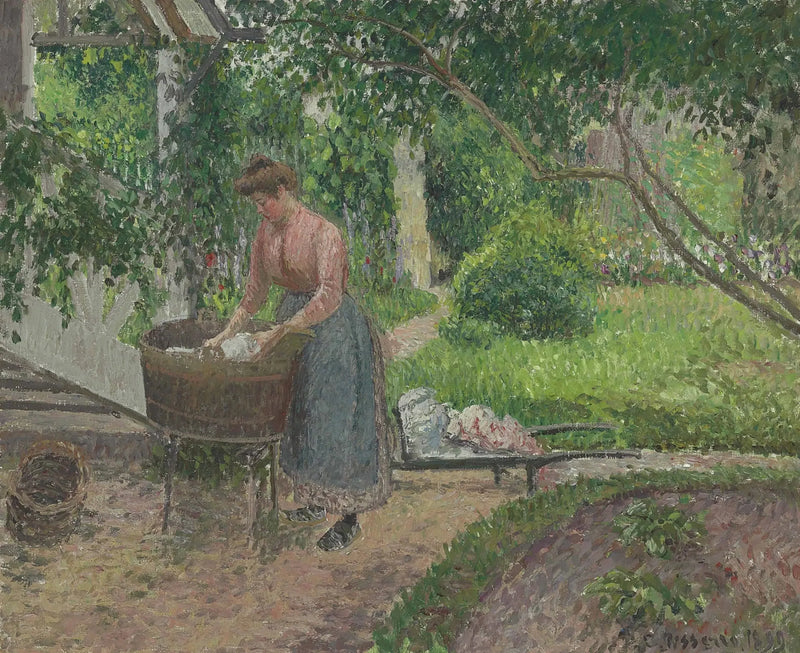 Nainen pesemässä pyykkiä puutarhassa, Éragny - Camille Pissarro