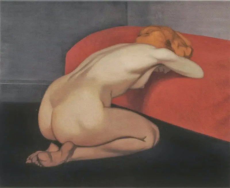 Nainen polvillaan edessään punainen sohva - Félix Vallotton