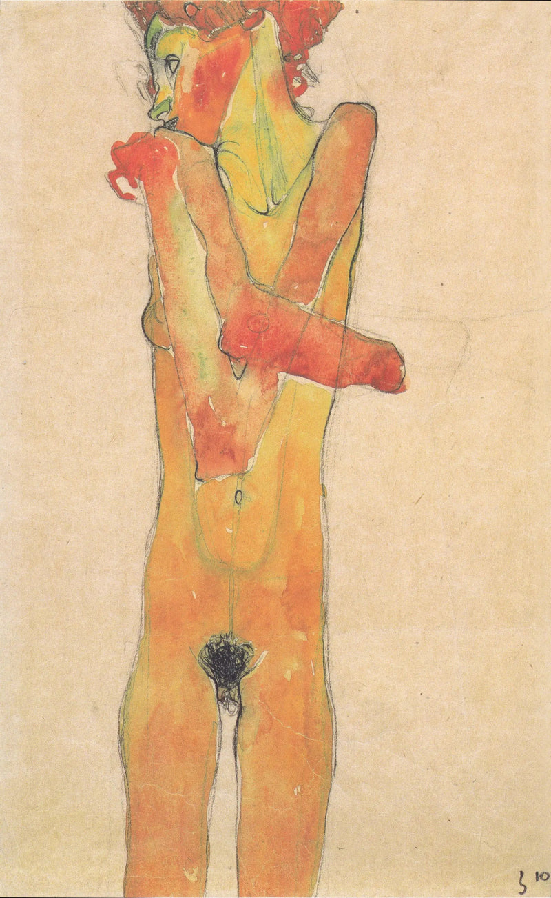 Seisova alaston nainen ristissä käsin - Egon Schiele