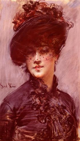 Nainen mustakuvioisessa hatussa ja huivissa - Giovanni Boldini