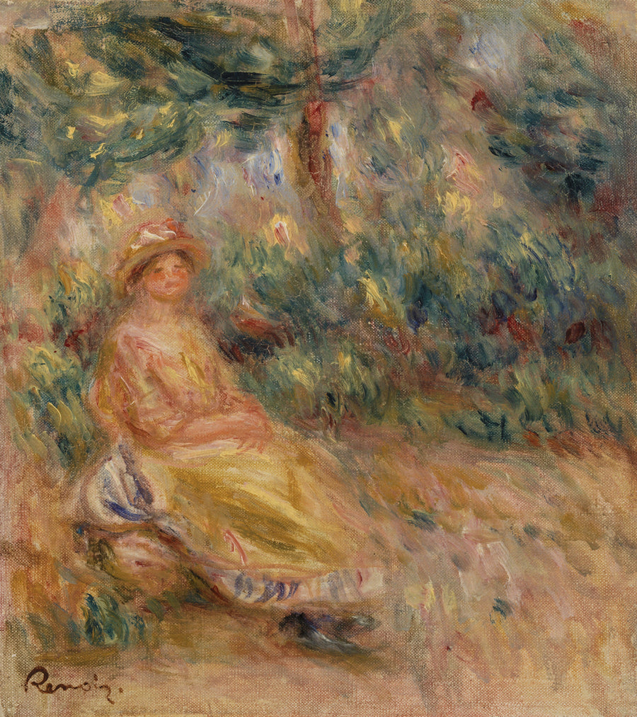 Nainen vaaleanpunaisessa ja keltaisessa maisemassa - Pierre-Auguste Renoir