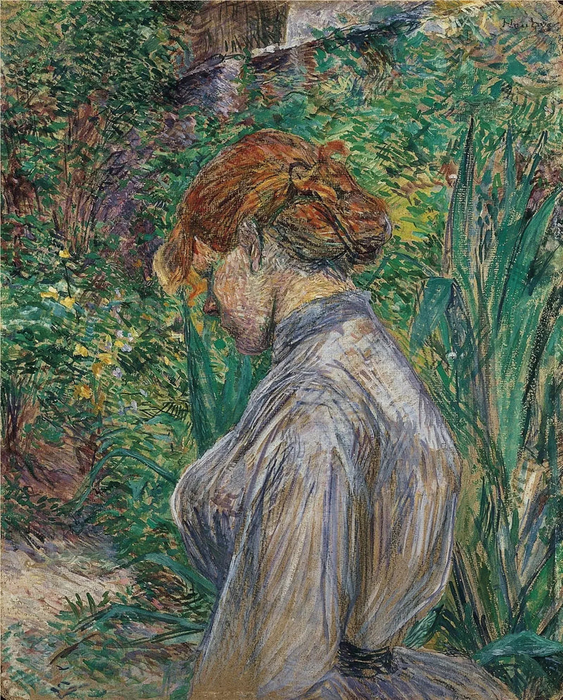 Punatukkainen nainen istuu herra Forestin puutarhassa - Henri de Toulouse-Lautrec