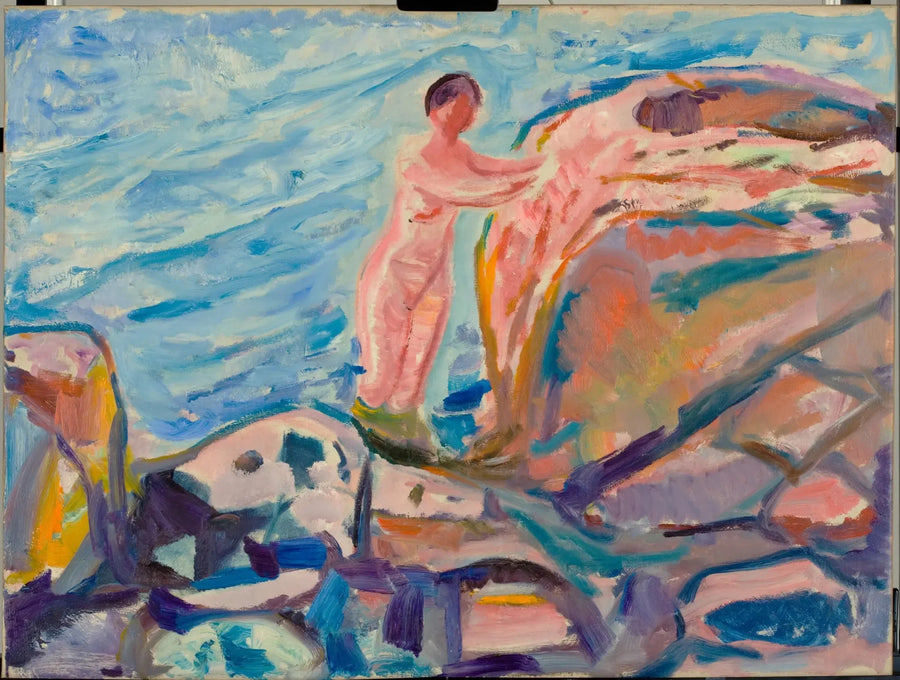 Nainen kylpemässä punaisen kallion lähellä - Edvard Munch