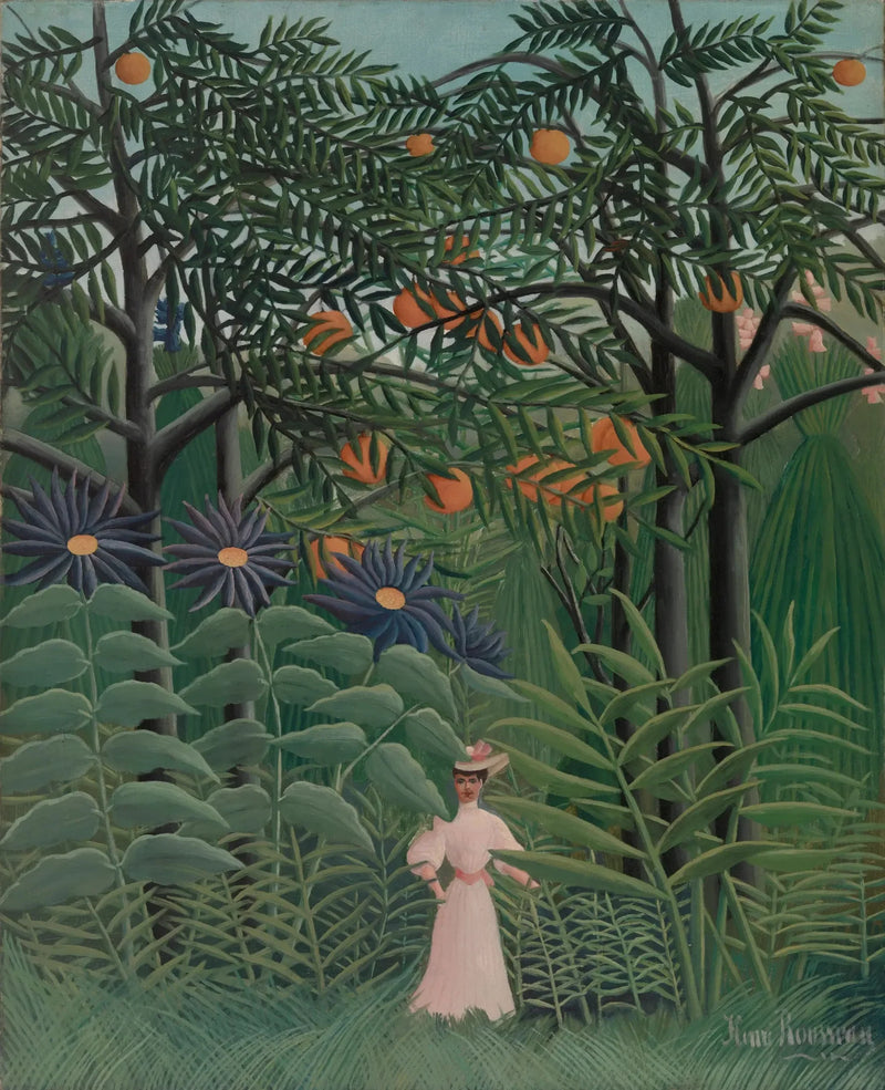 Nainen kävelemässä eksoottisessa metsässä - Henri Rousseau