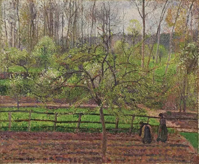 Naiset suljetussa puutarhassa, kevät, harmaa sää, Éragny - Camille Pissarro