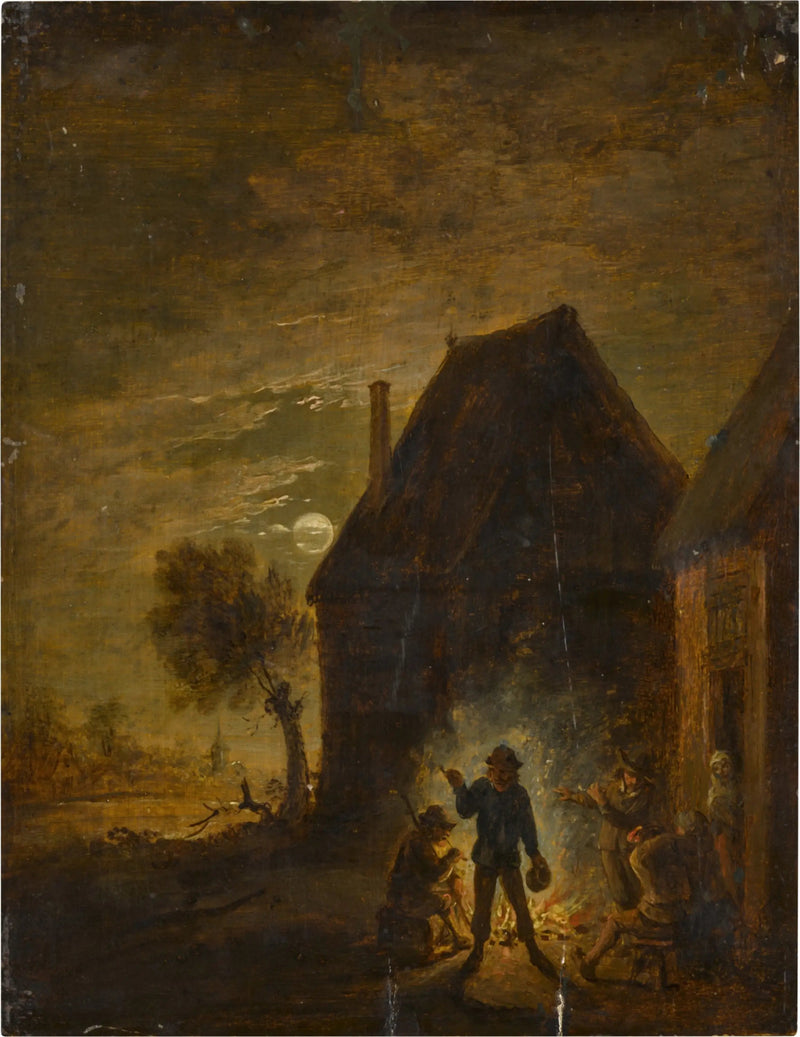 Mökki kirkkaan kuunvalon alla, ympärillä hahmoja tulen ympärillä - David Teniers nuorempi