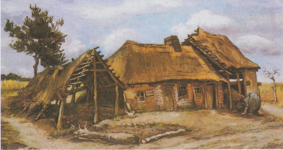 Maatila kumartuneen siniseen mekkoon pukeutuneen talonpoikaisnaisen kanssa - Vincent van Gogh