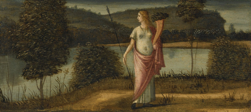 Allegorinen kuvaus naisesta maisemassa, joka pitää keihästä ja riihikuormaa - Vittore Carpaccio