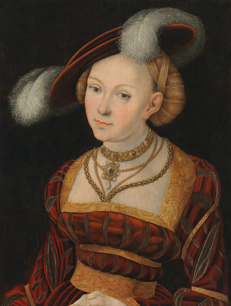 Naisfiguuri puolivartalossa höyhensävyisellä hatulla - Lucas Cranach vanhempi