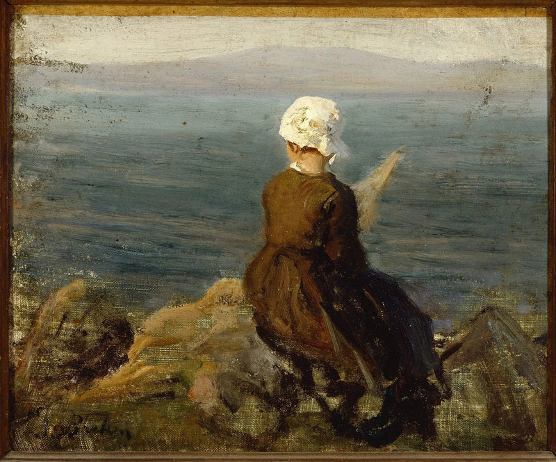 Kivillä seisova naiskuva Douarnenezissä - Jules Breton