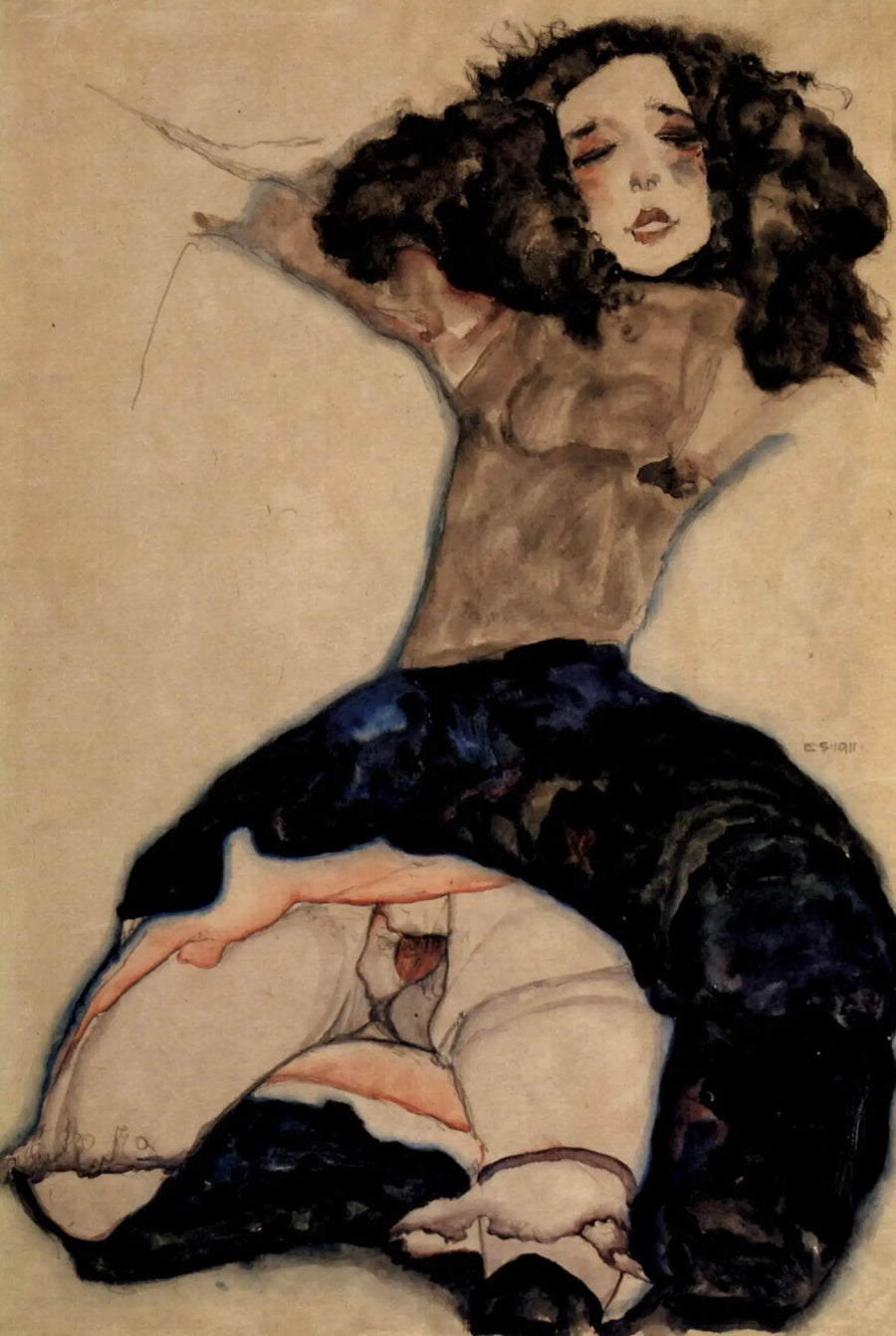 Mustahiuksinen tyttö nostetussa hameessa - Egon Schiele