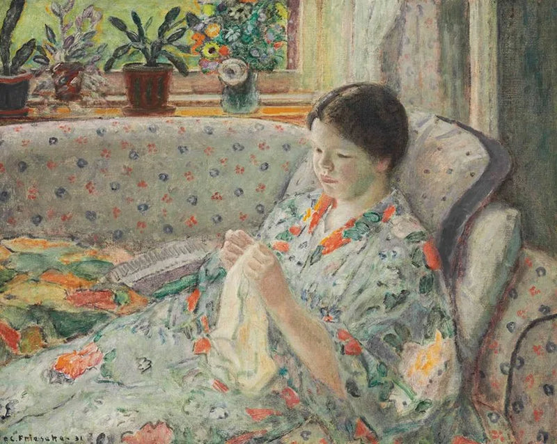 Tytär ompelemassa (kiinalainen mekko) - Frederick Carl Frieseke