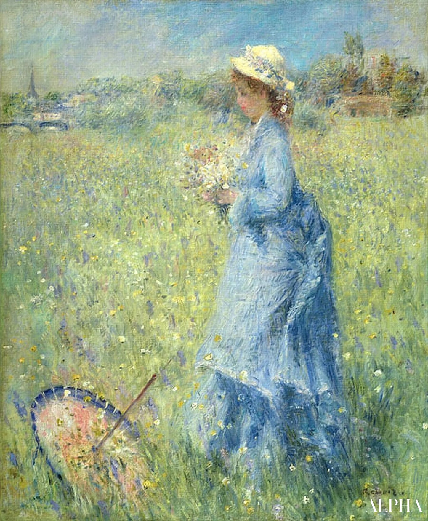 Tyttö poimimassa kukkia - Pierre-Auguste Renoir - Korkealaatuiset taulujen ja maalauksien reproduktiot