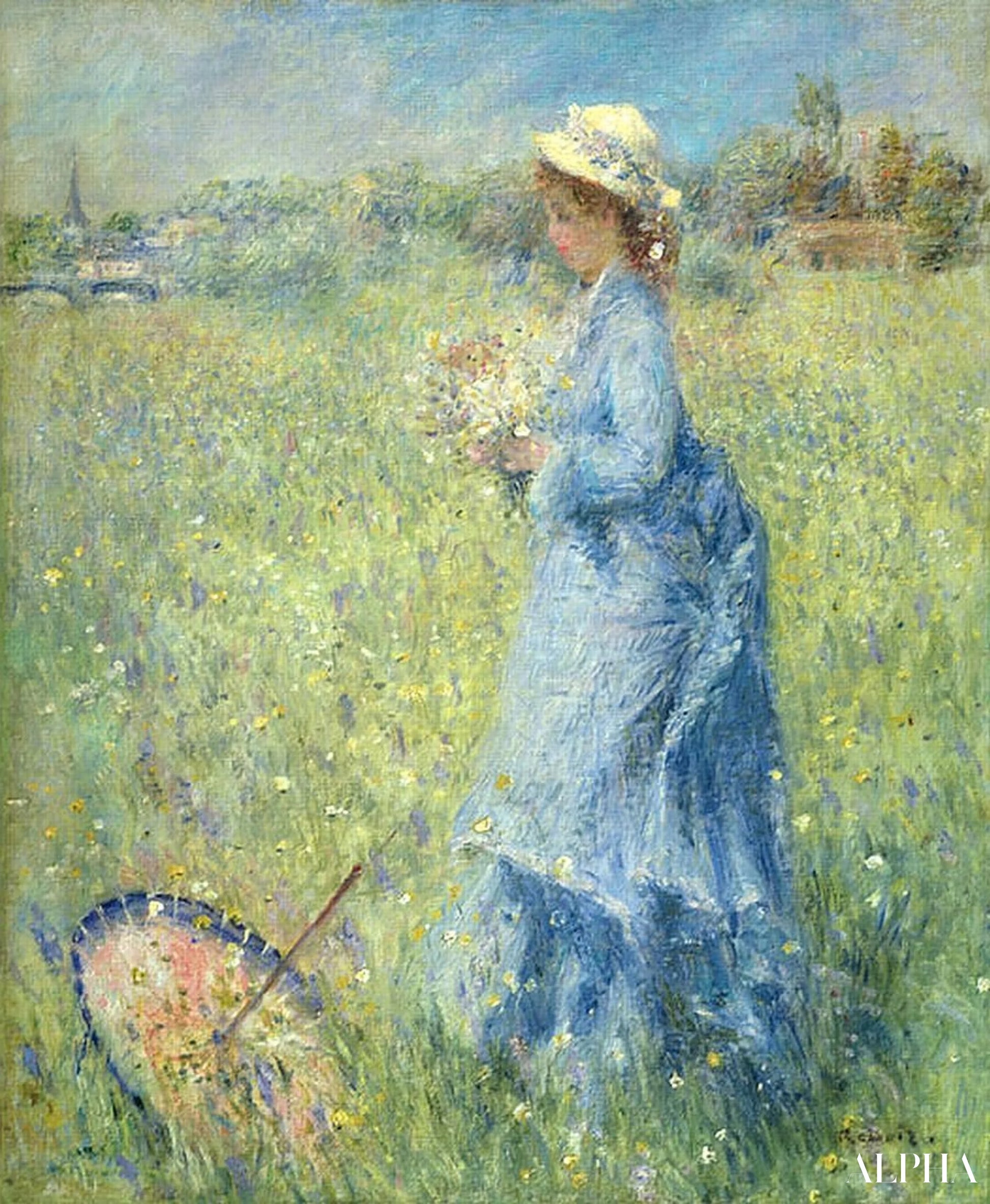 Tyttö poimimassa kukkia - Pierre-Auguste Renoir - Korkealaatuiset taulujen ja maalauksien reproduktiot