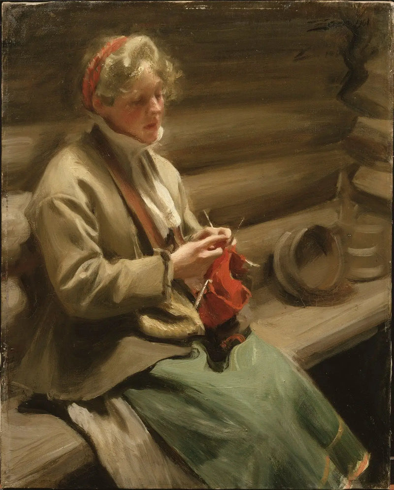 Dalécarlian tyttö neulomassa. Margit kaalin kanssa - Anders Zorn