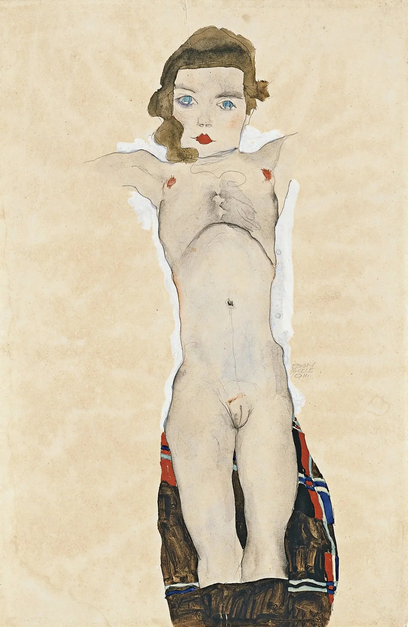 Alaston tyttö ojennetuilla käsillä - Egon Schiele