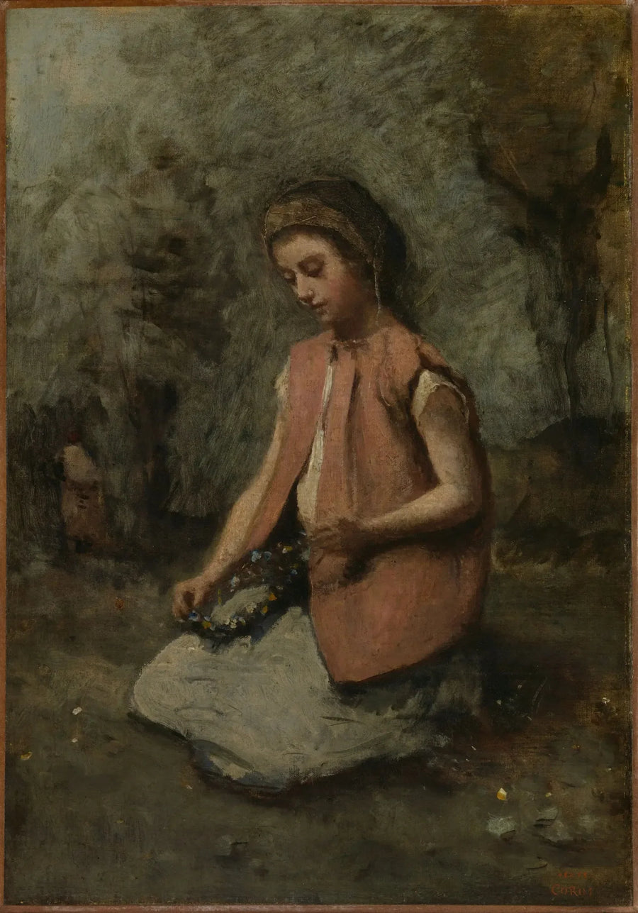 Tytär virkkaamassa seppelettä - Jean-Baptiste Camille Corot