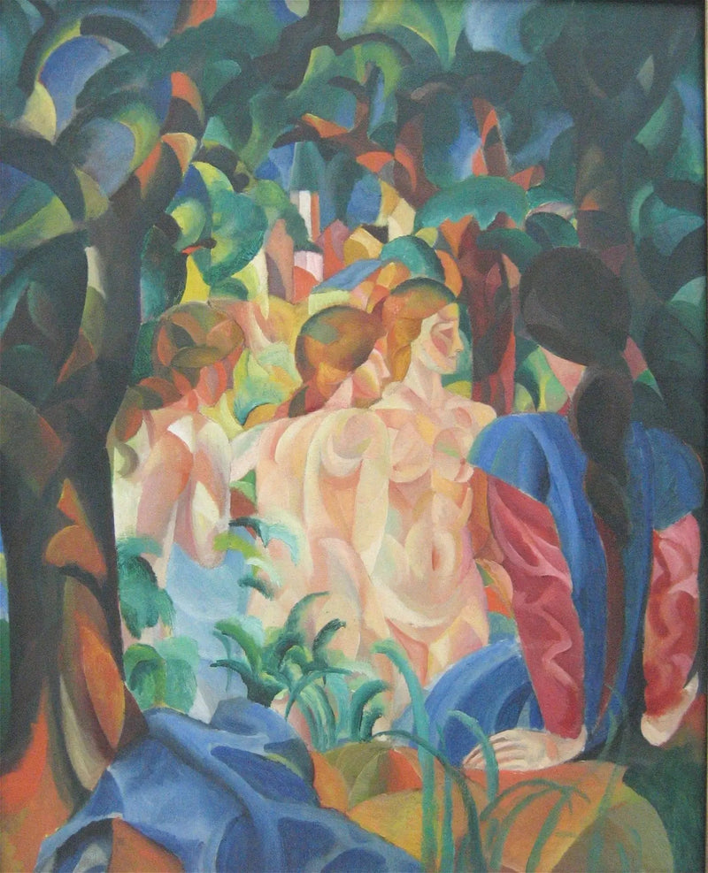 Tytöt uivat kaupungin taustalla - August Macke