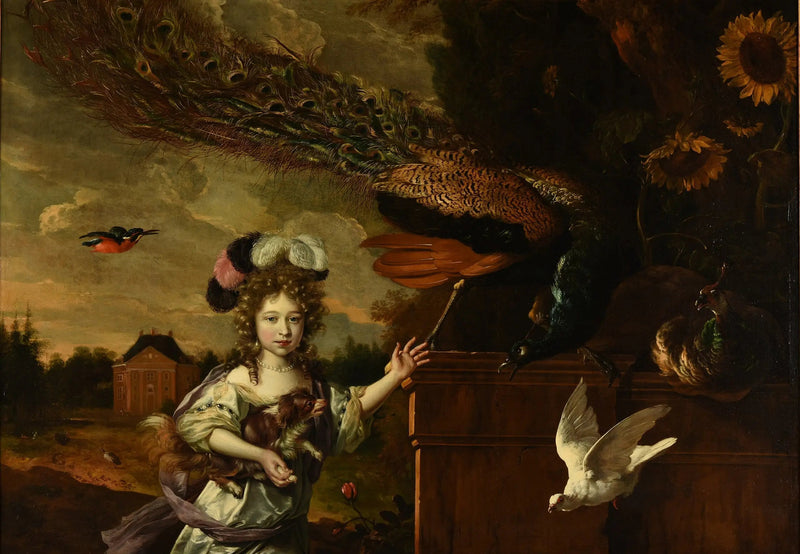 Pikkutyttö peacockien kanssa - Melchior de Hondecoeter