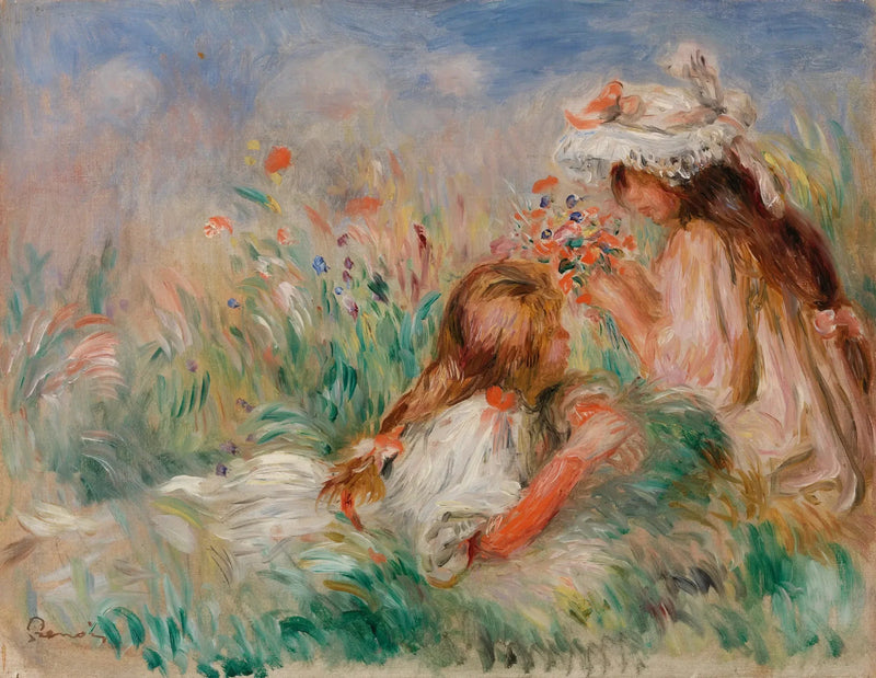 Tyttö makaa nurmikolla ja nuori nainen järjestää kimppua - Pierre-Auguste Renoir
