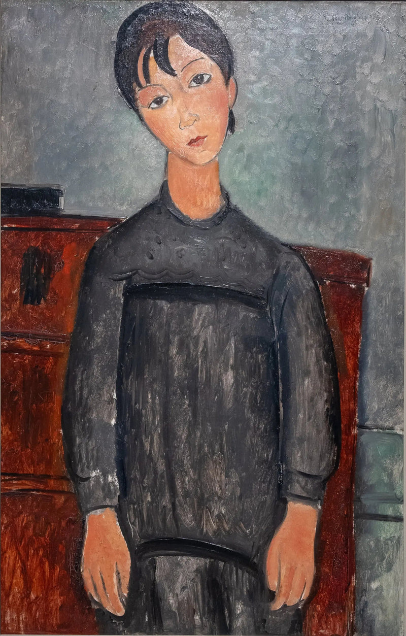 Mustassa esiliinassa seisova tyttö - Amedeo Modigliani