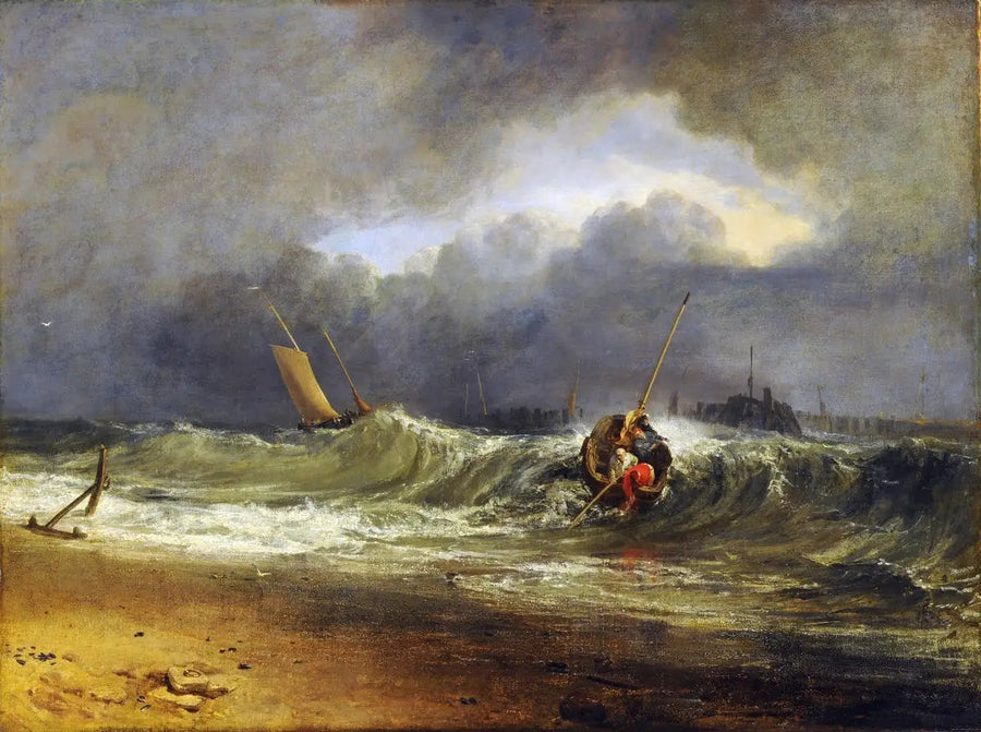 Kalastajat tuulisella rannalla myrskyisessä säässä - J. M. W. Turner