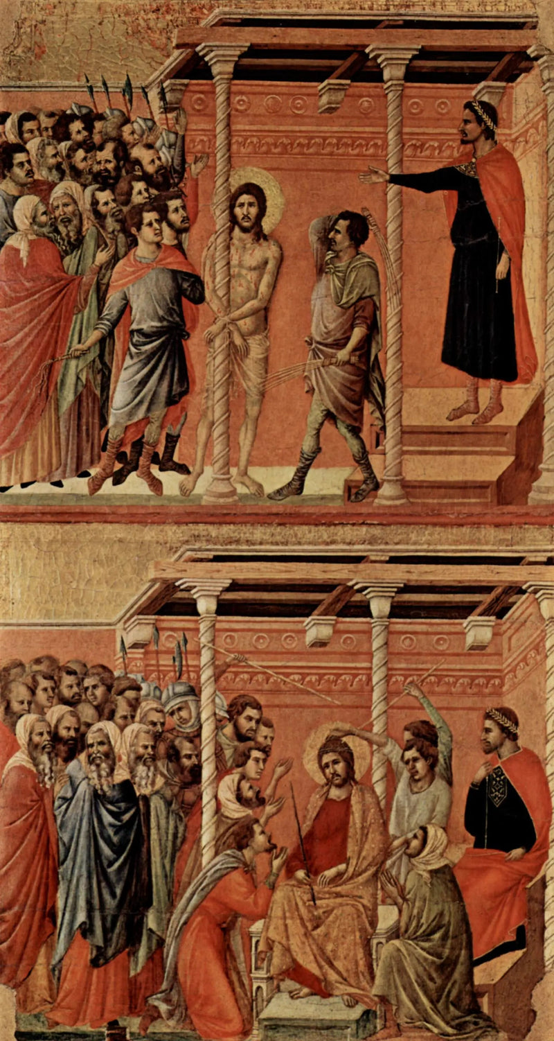 Lihotus (ylhäällä); Ristiinnaulittu Kristus piikkipantaan (alhaalla) - Duccio di Buoninsegna