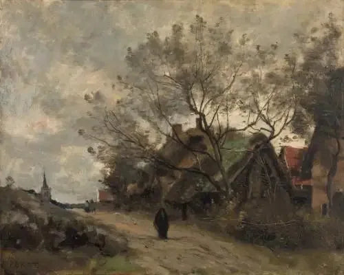 Flesselles. Talorakennuksia puiden läpi näkyvissä tien varrella - Jean-Baptiste Camille Corot