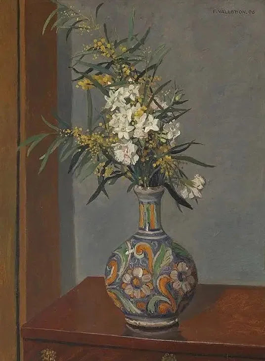 Valkoisia kukkia maljassa koristeltuna - Félix Vallotton