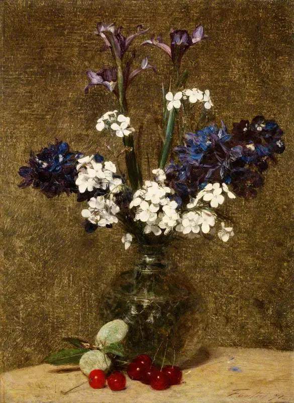 Kukat: Iris ja hyasintit, pöydällä kirsikoita ja manteleita - Henri Fantin-Latour