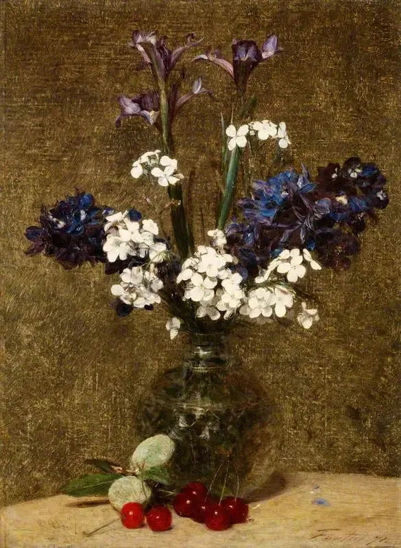 Kukat: Iris ja hyasintit, pöydällä kirsikoita ja manteleita - Henri Fantin-Latour