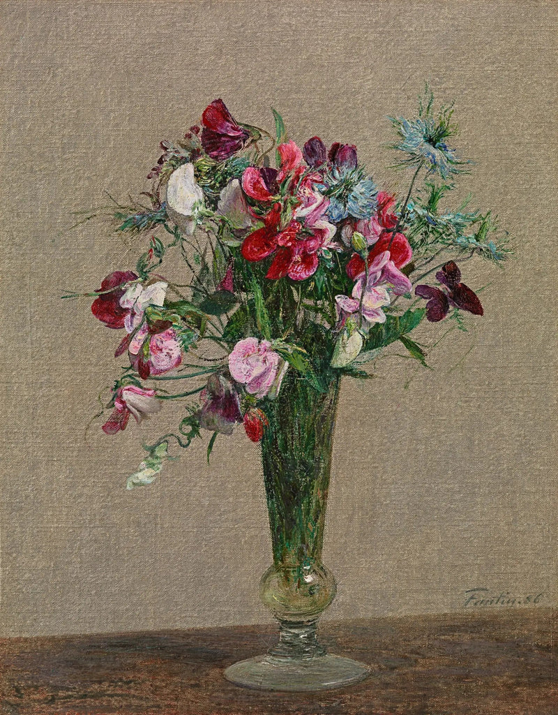 Kukat, tuoksupallot ja nigellat pienen maljan sisällä - Henri Fantin-Latour