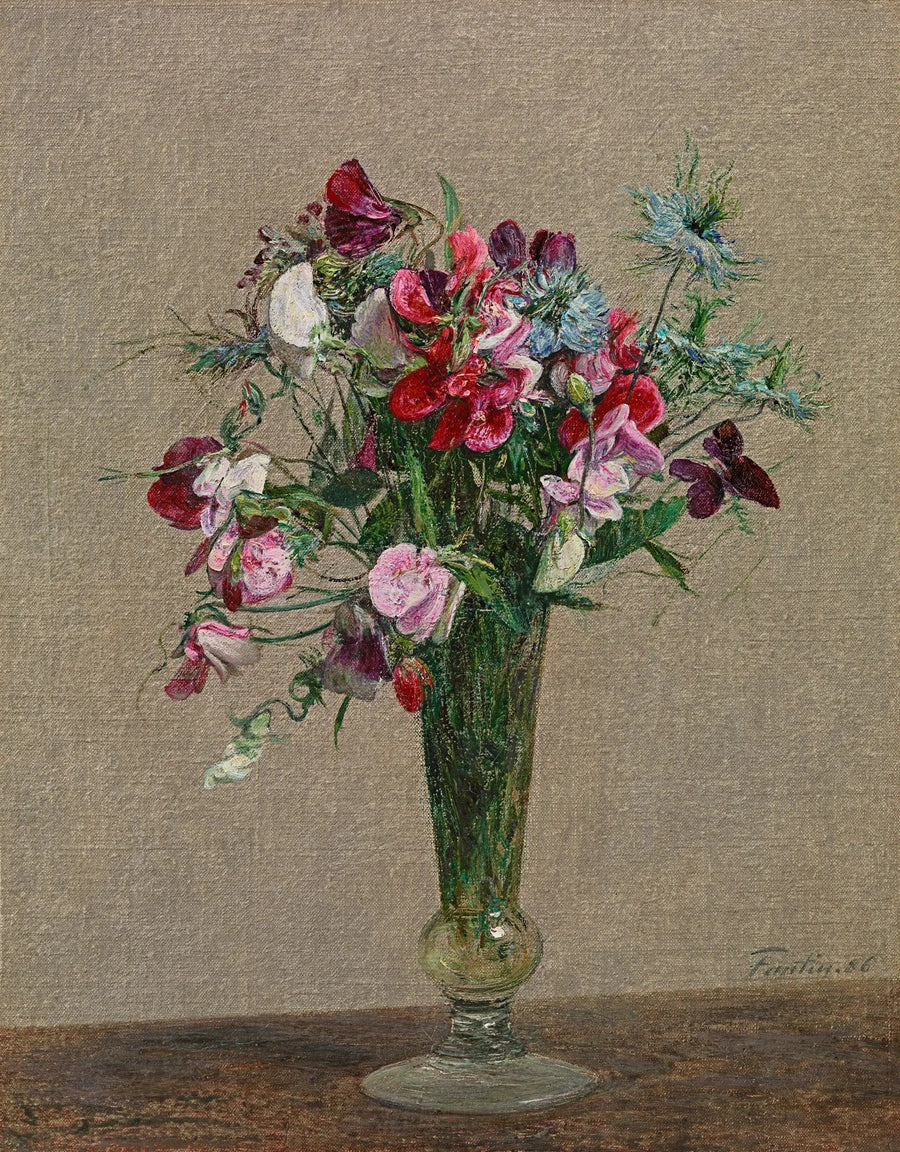Kukat, tuoksupallot ja nigellat pienen maljan sisällä - Henri Fantin-Latour