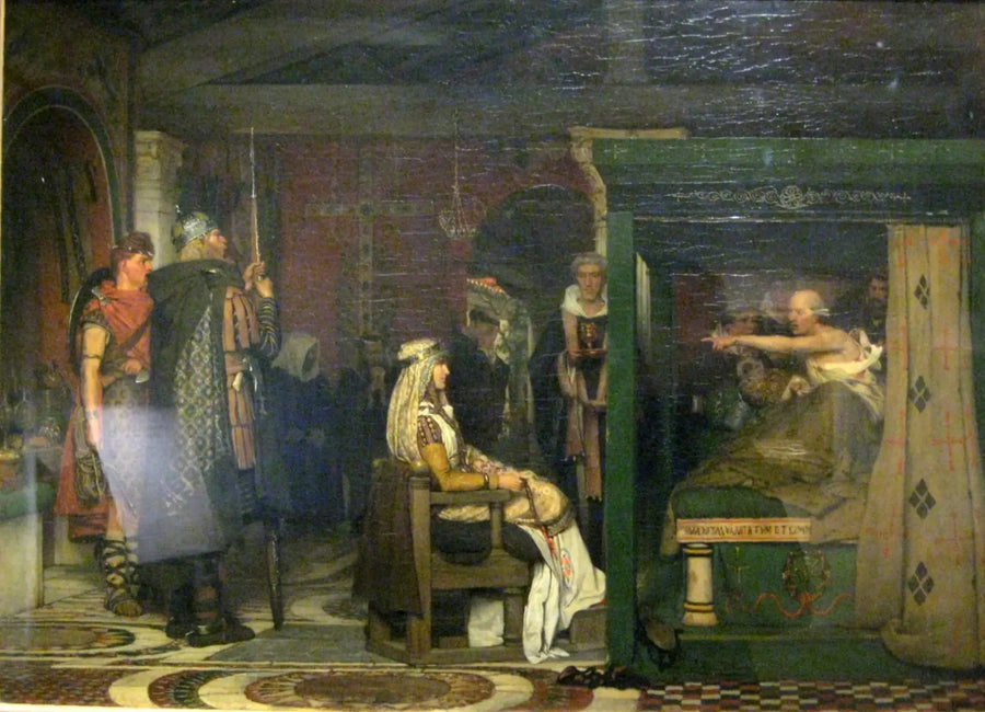 Frédégonde vierailee Prétextatin luona hänen kuolinvuoteellaan - Lawrence Alma-Tadema