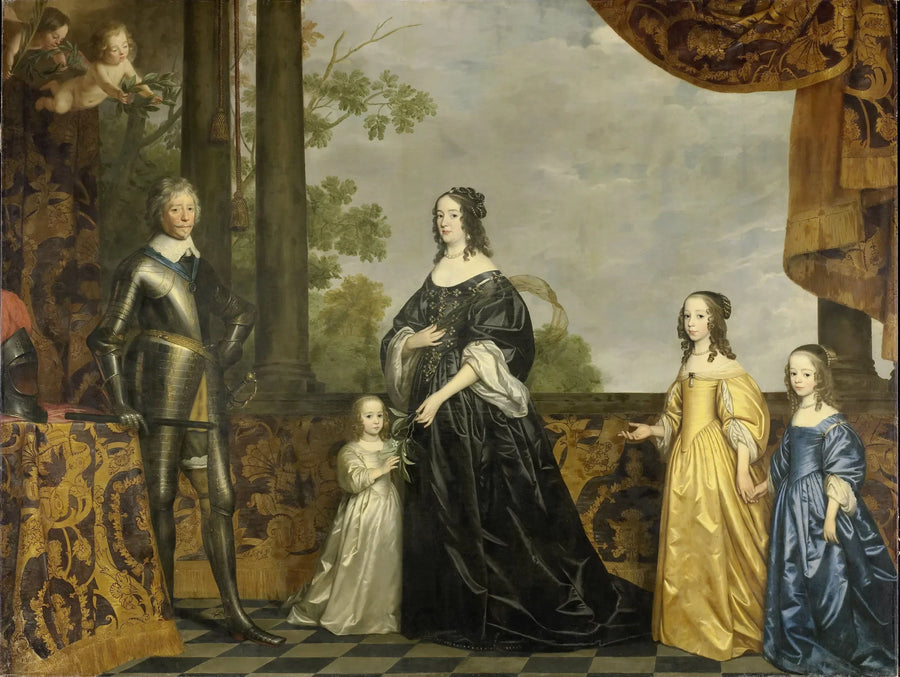 Frédéric-Henri (1584-1647), Orangen prinssi, hänen vaimonsa Amélie van Solms (1602-1675) ja heidän kolme nuorempaa tytärtään, Albertine Agnès (1634-1696), Henriette Catharine (1637-1708) ja Marie (1642-1688) - Gerrit van Honthorst