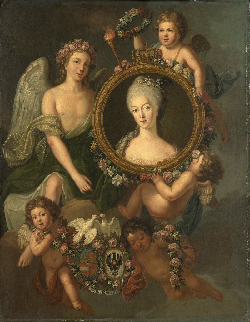 Frederika Sophia Wilhelmina (Wilhelmina ; 1751-1820), princesse de Prusse, dans un médaillon, accompagné d'allusions à son mariage à Berlin, le 4 octobre 1767, avec Guillaume V, prince d'Orange-Nassau - Friedrich Reclam