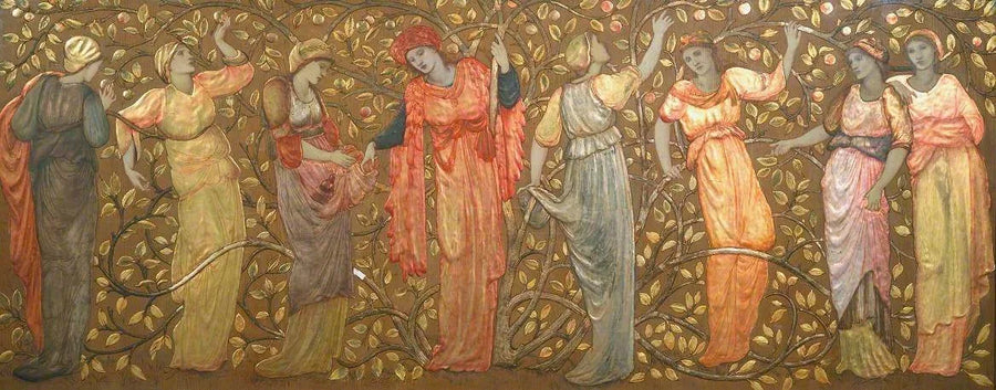 Kahdeksan naisen friseä omenankorjuussa - Edward Burne-Jones