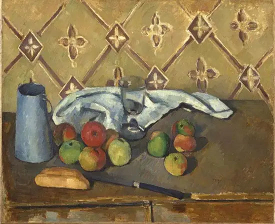 Hedelmät, lautasliina ja maitopurkki - Paul Cézanne