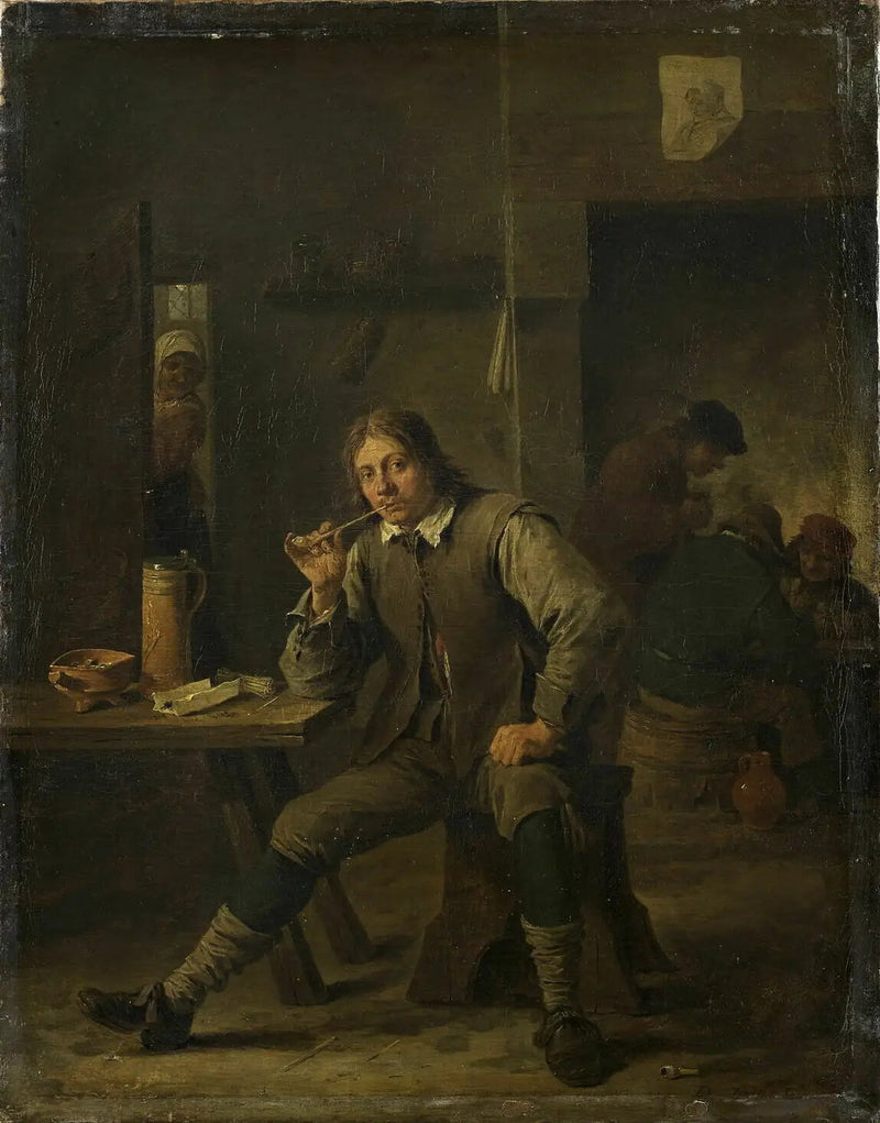 Tupakoiva henkilö nojatuolissa pöytää vasten - David Teniers nuorempi