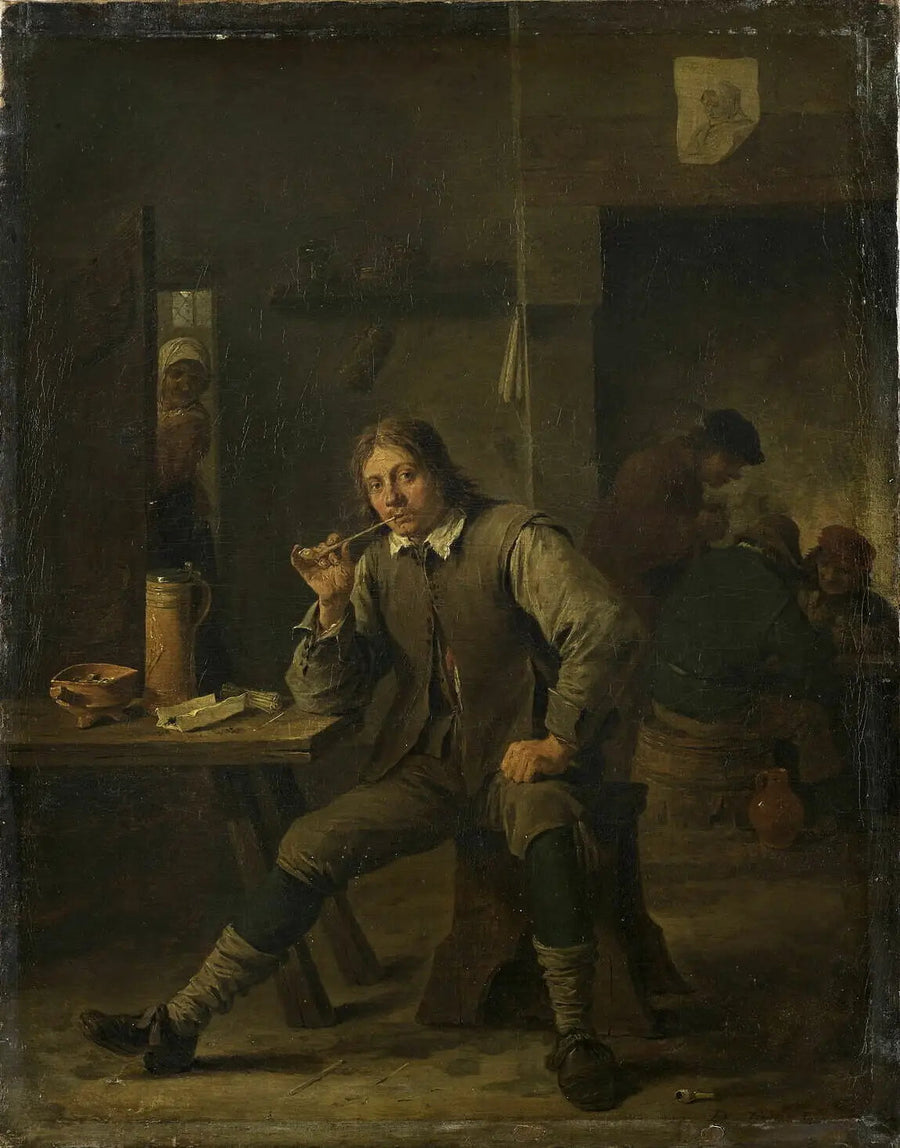 Tupakoiva henkilö nojatuolissa pöytää vasten - David Teniers nuorempi