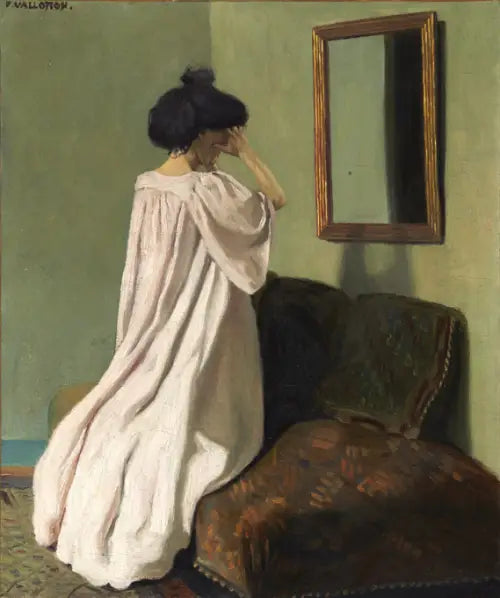 Gabrielle Vallotton polvistuneena peilin edessä atelierin sohvan päällä Rue des Belles-Feuillesillä - Félix Vallotton