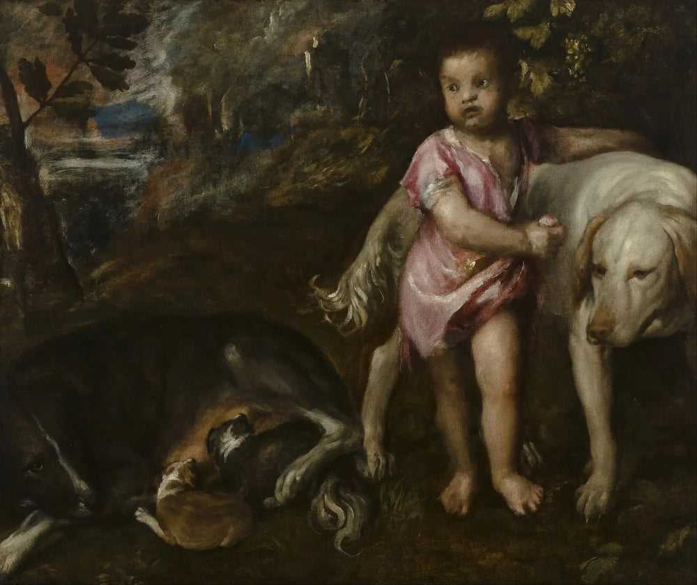 Garçon avec des chiens dans un paysage - Titian image 1 copie peinte à la main à l’huile