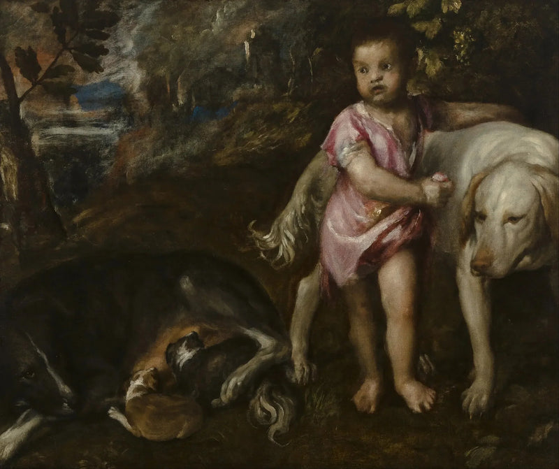 Poika koirien kanssa maisemassa - Titian