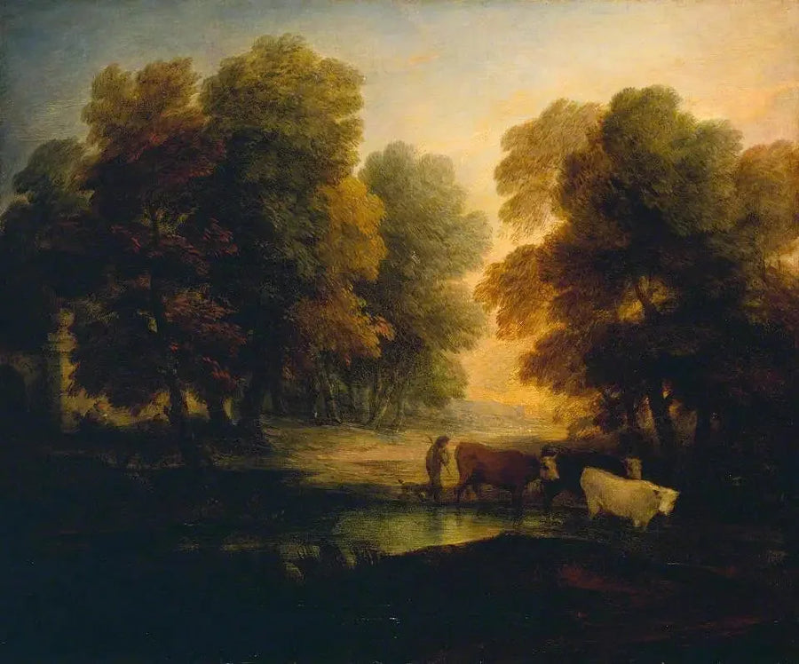 Poika ajaa lehmiä lähellä uima-allasta - Thomas Gainsborough