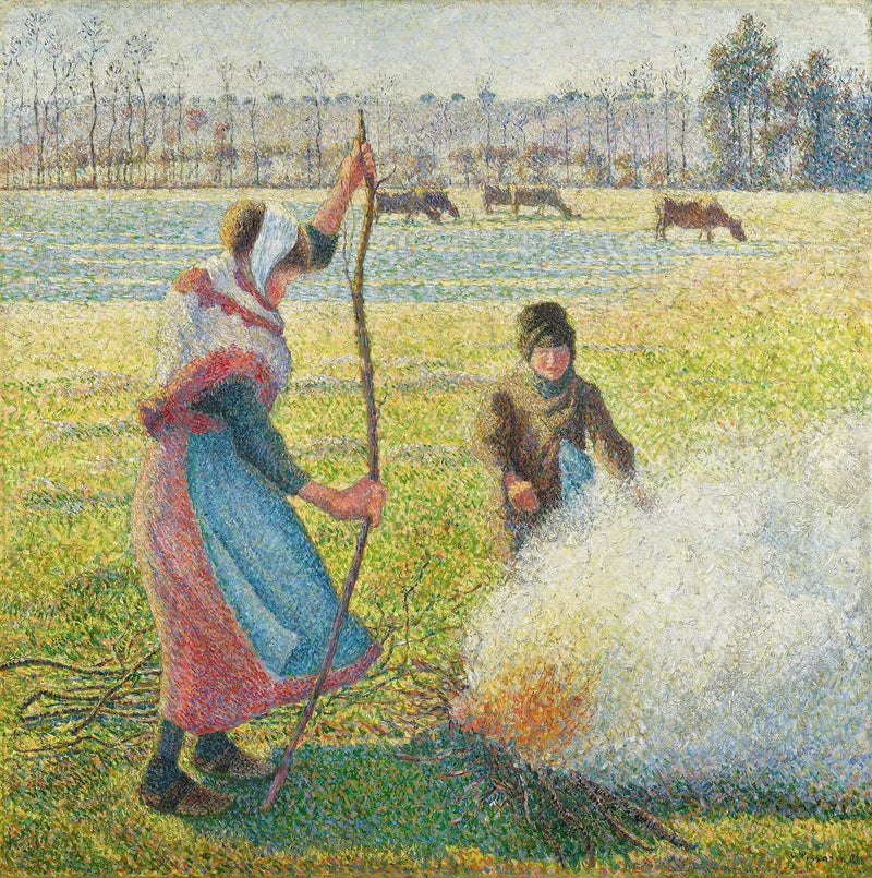 Valkoinen hyytelö, nuori maalaistyttö tekemässä tulta - Camille Pissarro
