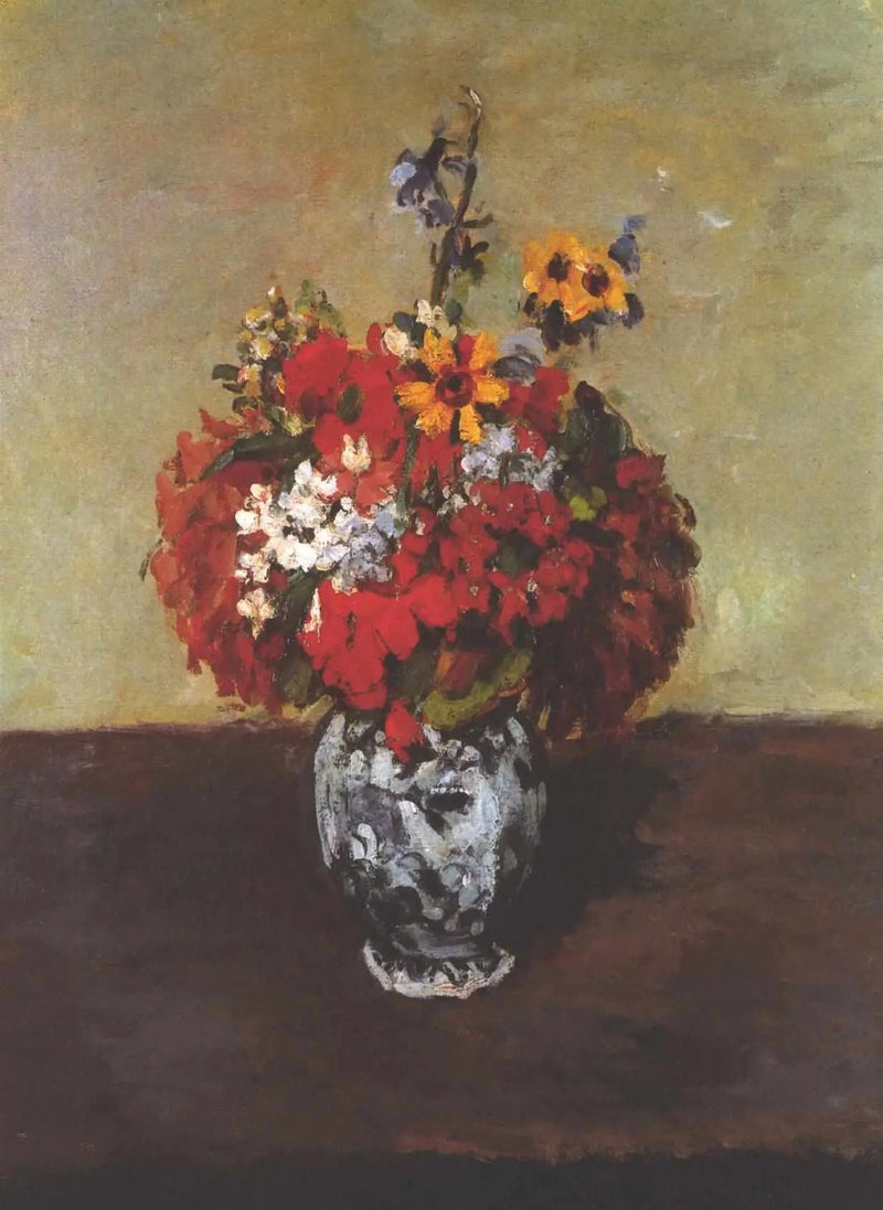 Pelargonioita ja lemmikkejä pienessä Delft-maljakossa - Paul Cézanne