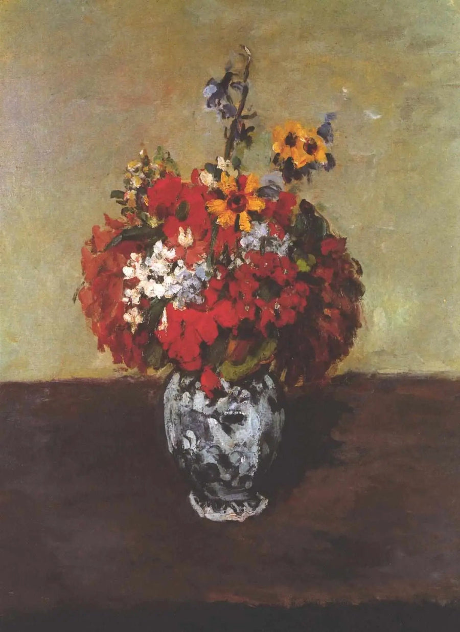Pelargonioita ja lemmikkejä pienessä Delft-maljakossa - Paul Cézanne