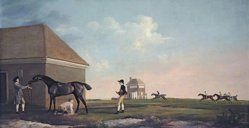 Gimcrack Newmarket Heathillä, valmentajan, tallimestarin ja jockeyn kanssa - George Stubbs